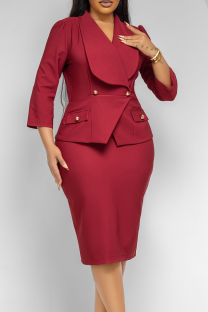 Red Elegant Solid Color Buttons Turn-back Collar Pencil Skirt Dresses