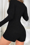 Black Sexy Solid Color Buckle V Neck Skinny Rompers
