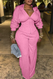 Pink Casual Solid Color Cross Straps Hooded Long Sleeve Two Pieces