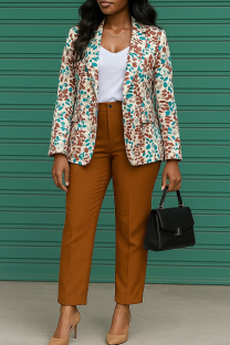 Brown Casual Print Contrast Turn-back Collar Long Sleeve Two Pieces