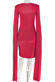 Red Sexy Solid Color Slit Square Neck Wrapped Skirt Dresses
