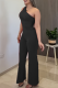 Black Casual Solid Color Patchwork Oblique Collar Regular Jumpsuits