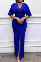 Blue Elegant Solid Color Slit Hot Drill O Neck Evening Dresses