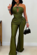 Army Green Sexy Solid Color Backless Halter Regular Jumpsuits