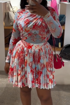 White Red Casual Print Pleated O Neck Long Sleeve Two Pieces