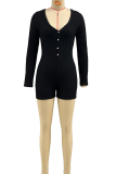 Black Sexy Solid Color Buckle V Neck Skinny Rompers