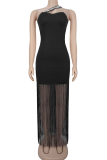 Black Sexy Solid Color Fringed Trim Hot Drill Strapless Strapless Dresses
