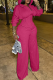 Rose Red Casual Solid Color Cross Straps Hooded Long Sleeve Two Pieces