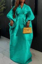 Mint green Casual Solid Color Ruched V Neck Long Dresses