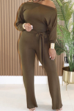 Army Green Casual Solid Color Strap Design Oblique Collar Regular Jumpsuits
