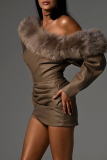 Brown Sexy Solid Color Fluffy Oblique Collar Wrapped Skirt Dresses