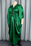 Green Casual Solid Color Sequins V Neck Long Dresses