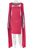 Red Sexy Solid Color Slit Square Neck Wrapped Skirt Dresses