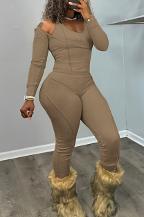 Brown Casual Solid Color Patchwork Halter Long Sleeve Two Pieces
