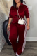 Burgundy Casual Stripe Contrast Zipper Collar Long Sleeve Two Pieces
