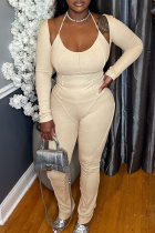 Apricot Casual Solid Color Patchwork Halter Long Sleeve Two Pieces