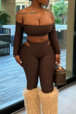 Blue Sexy Solid Color Hollow Out Off Shoulder Long Sleeve Two Pieces