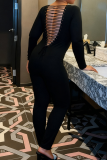 Black Sexy Solid Color Cross Straps Square Neck Skinny Jumpsuits
