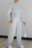 Light Gray Casual Solid Color Pearls Decor O Neck Long Sleeve Two Pieces