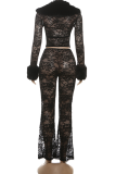 Black Sexy Solid Color Lace Turndown Collar Long Sleeve Two Pieces
