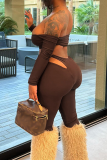 Blue Sexy Solid Color Hollow Out Off Shoulder Long Sleeve Two Pieces