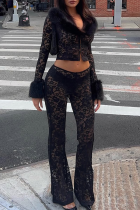 Black Sexy Solid Color Lace Turndown Collar Long Sleeve Two Pieces
