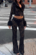 Black Sexy Solid Color Lace Turndown Collar Long Sleeve Two Pieces