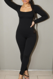 Black Sexy Solid Color Cross Straps Square Neck Skinny Jumpsuits