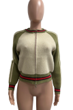 Burgundy Casual Solid Color Contrast Zipper Collar Outerwear