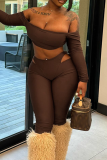 Blue Sexy Solid Color Hollow Out Off Shoulder Long Sleeve Two Pieces