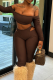Brown Sexy Solid Color Hollow Out Off Shoulder Long Sleeve Two Pieces
