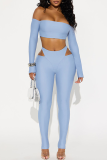 Blue Sexy Solid Color Hollow Out Off Shoulder Long Sleeve Two Pieces