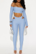 Blue Sexy Solid Color Hollow Out Off Shoulder Long Sleeve Two Pieces