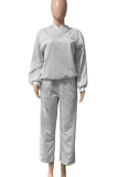 Light Gray Casual Solid Color Pearls Decor O Neck Long Sleeve Two Pieces
