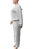 Light Gray Casual Solid Color Pearls Decor O Neck Long Sleeve Two Pieces