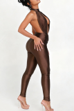 Brown Sexy Solid Color Hollow Out O Neck Skinny Jumpsuits