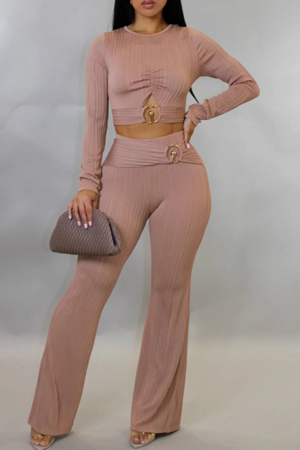 Pink Casual Solid Color Metal Accessories Trim O Neck Long Sleeve Two Pieces