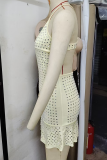 Light Yellow Sexy Solid Color Hot Drill Spaghetti Strap Wrapped Skirt Dresses
