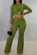 Green Casual Solid Color Metal Accessories Trim O Neck Long Sleeve Two Pieces