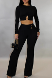 Pink Casual Solid Color Metal Accessories Trim O Neck Long Sleeve Two Pieces