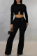 Black Casual Solid Color Metal Accessories Trim O Neck Long Sleeve Two Pieces