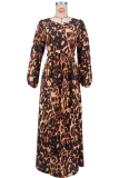 Leopard Print Casual Leopard Print Hollow Out O Neck Long Dresses