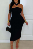 White Sexy Solid Color Hollow Out Strapless Wrapped Skirt Dresses