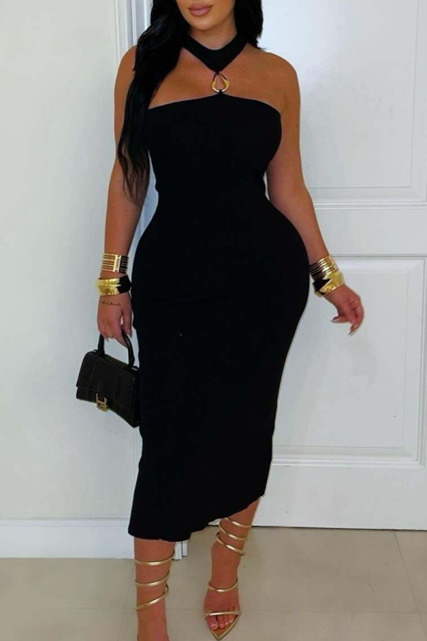 Black Sexy Solid Color Hollow Out Strapless Wrapped Skirt Dresses