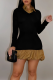 Black Casual Solid Color Contrast Turndown Collar Long Sleeve Dresses