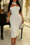 White Sexy Solid Color Hollow Out Strapless Wrapped Skirt Dresses