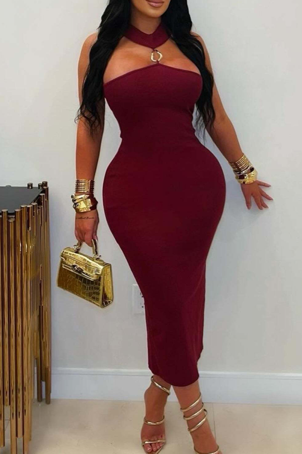Burgundy Sexy Solid Color Hollow Out Strapless Wrapped Skirt Dresses