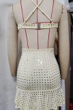 Light Yellow Sexy Solid Color Hot Drill Spaghetti Strap Wrapped Skirt Dresses