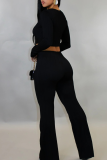 Pink Casual Solid Color Metal Accessories Trim O Neck Long Sleeve Two Pieces