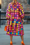 Brown Casual Colorblock Contrast Turtleneck Printed Plus Size Dresses